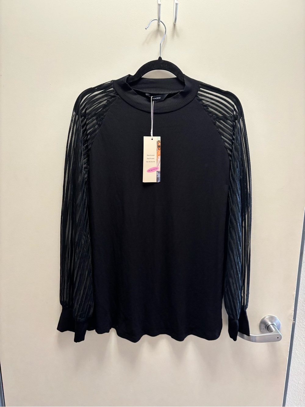 Black Long-Sleeve Sheer Stripe Top - Women’s Fashion